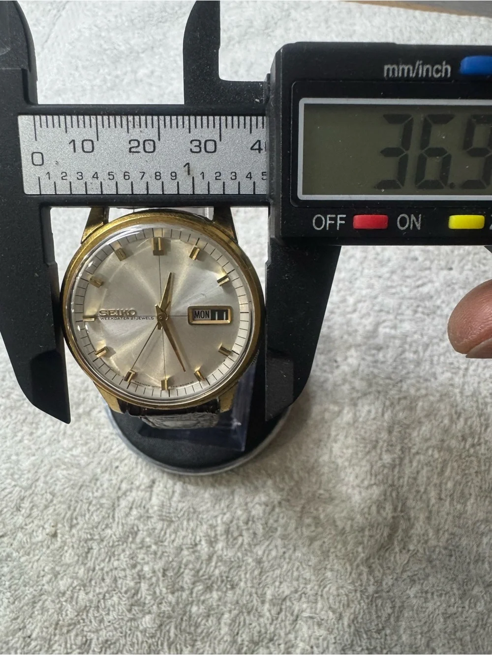Seiko Gold Tone Weekdater Wristwatch - Silver Dial, Brown Strap